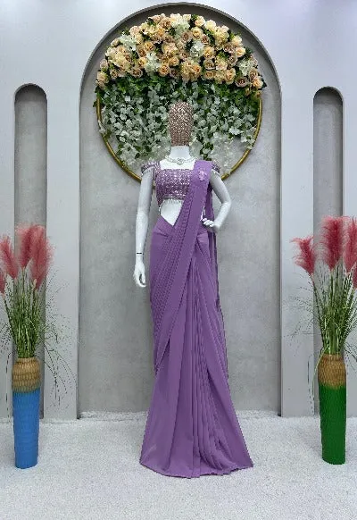 1 Min Lilac Georgette Ruffle Stitched Readymade Saree And Blouse