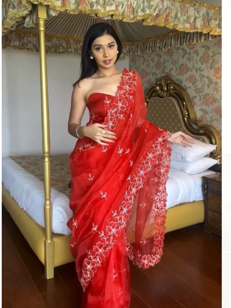 1 Minute Red Organza Embroidery Saree