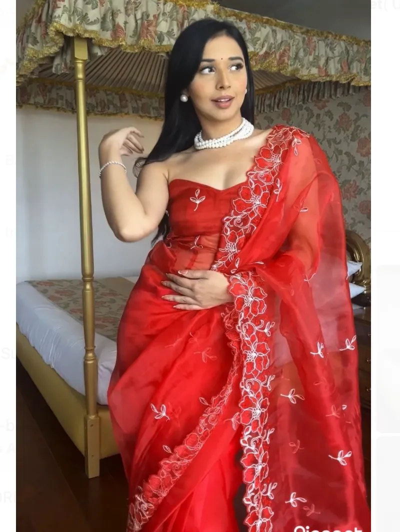 1 Minute Red Organza Embroidery Saree