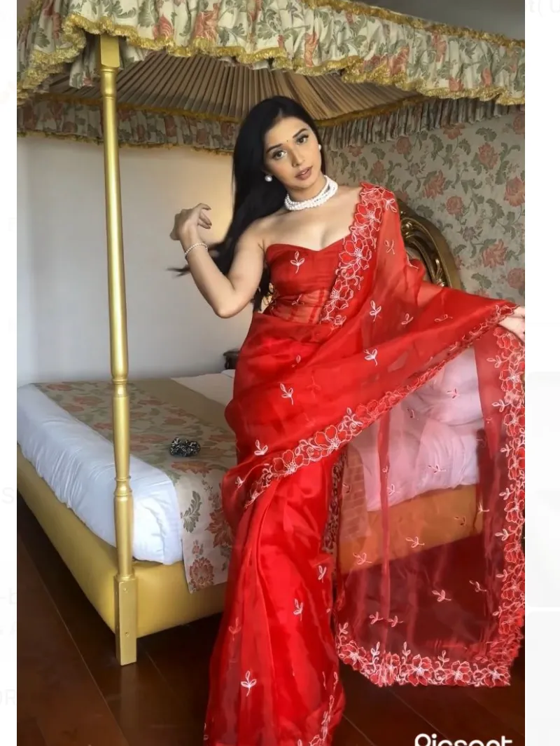 1 Minute Red Organza Embroidery Saree