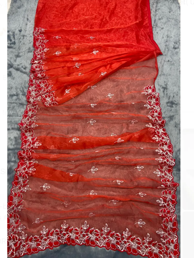 1 Minute Red Organza Embroidery Saree