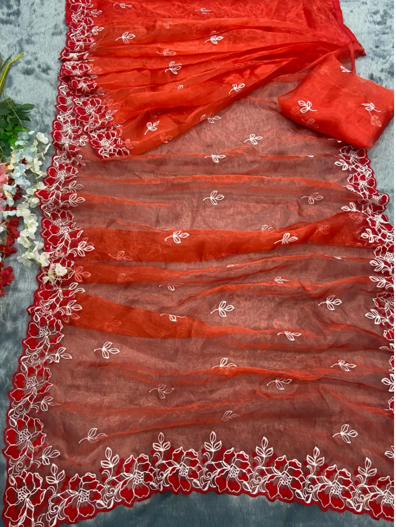 1 Minute Red Organza Embroidery Saree