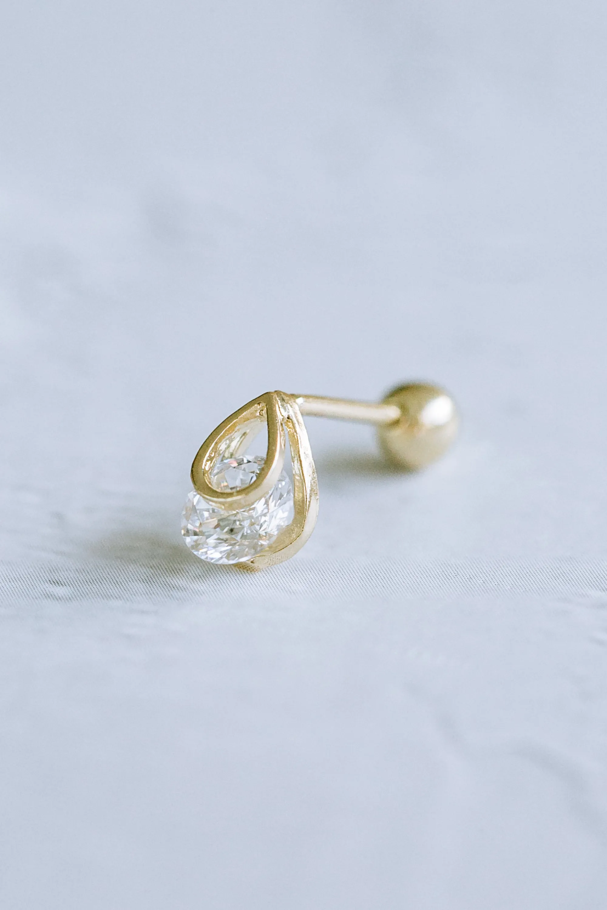 14K GOLD JEWELRY MINIMALIST CZ TEAR DROP BARBELL EAR STUD EARRING PIERCING