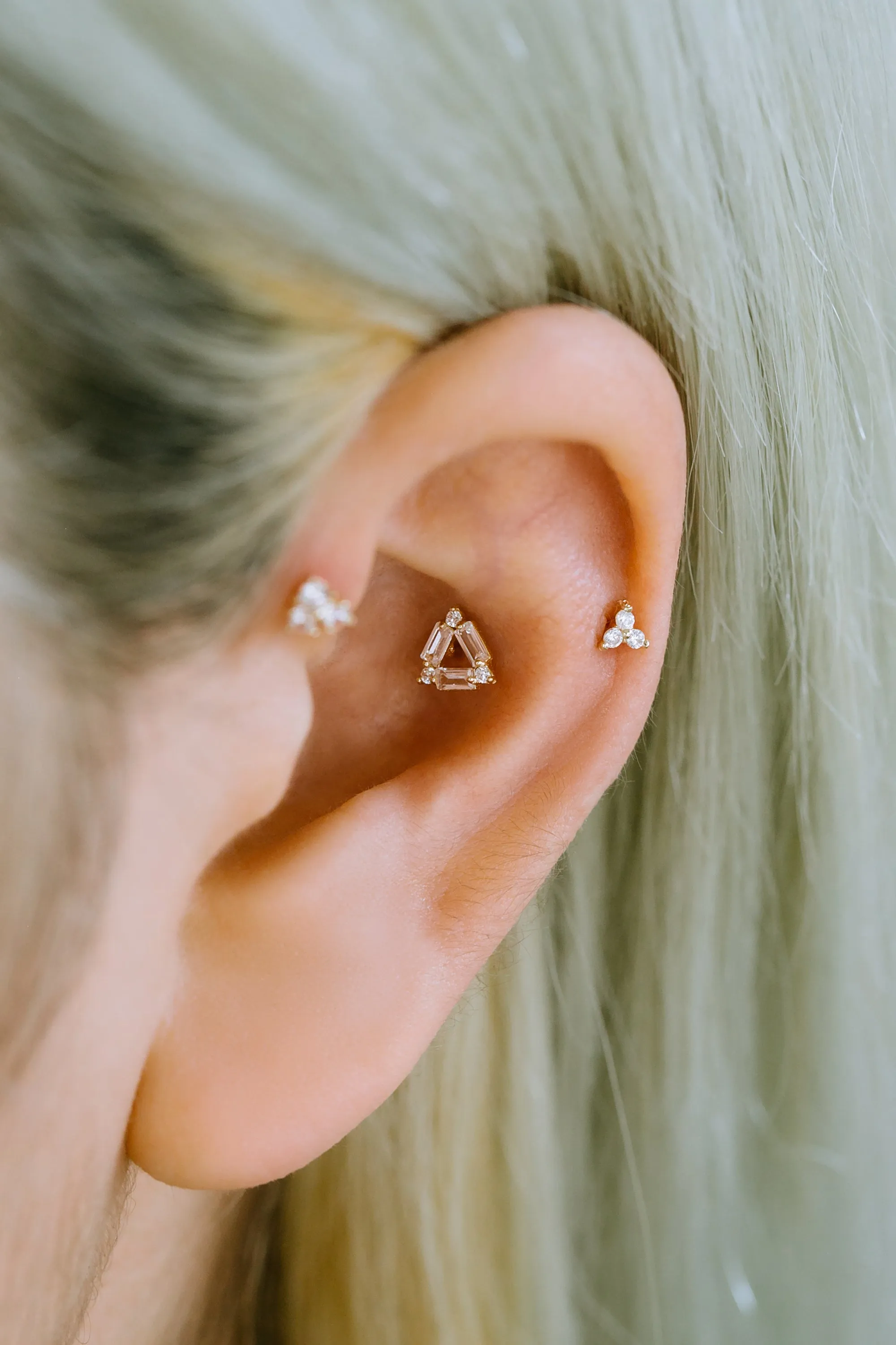 14K GOLD JEWELRY MINIMALIST DELICATE CZ OPEN TRIANGLE BARBELL EAR STUD EARRING PIERCING