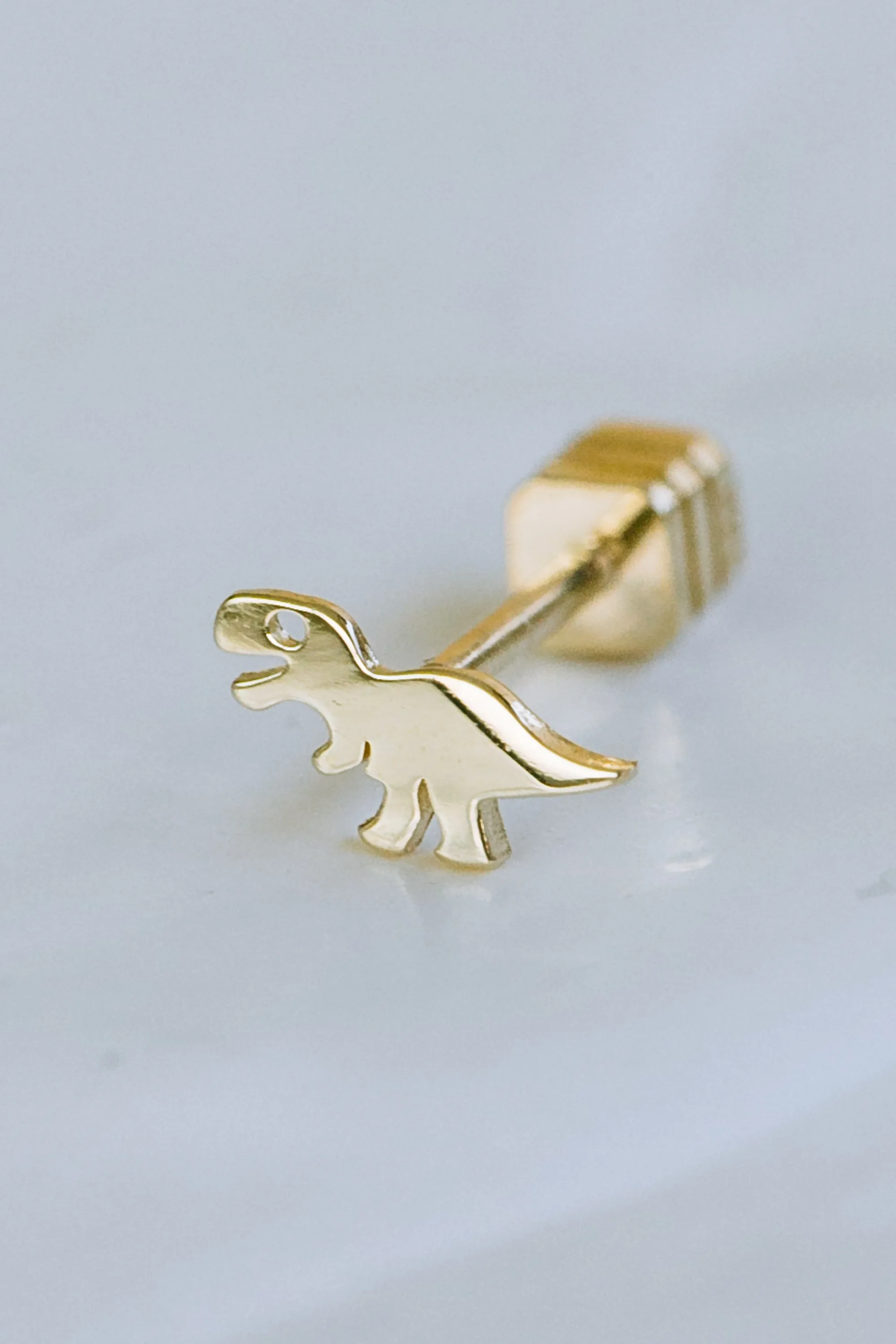 14K GOLD JEWELRY MINIMALIST DELICATE DINOSAUR BARBELL EAR STUD EARRING PIERCING