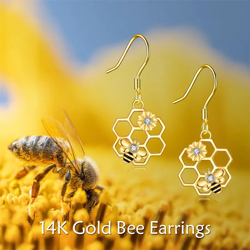 14k Yellow Gold Bee Earrings Honeycomb Bee Dangle Earrings Sunflower Flower Leverback Earrings Jewelry Gifts for Women Her Girls Wife