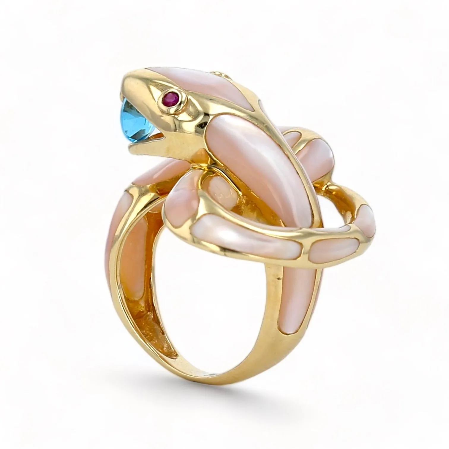 14K Yellow gold two tone mother pearl blue aquamarine and ruby decoration fancy cobra ring