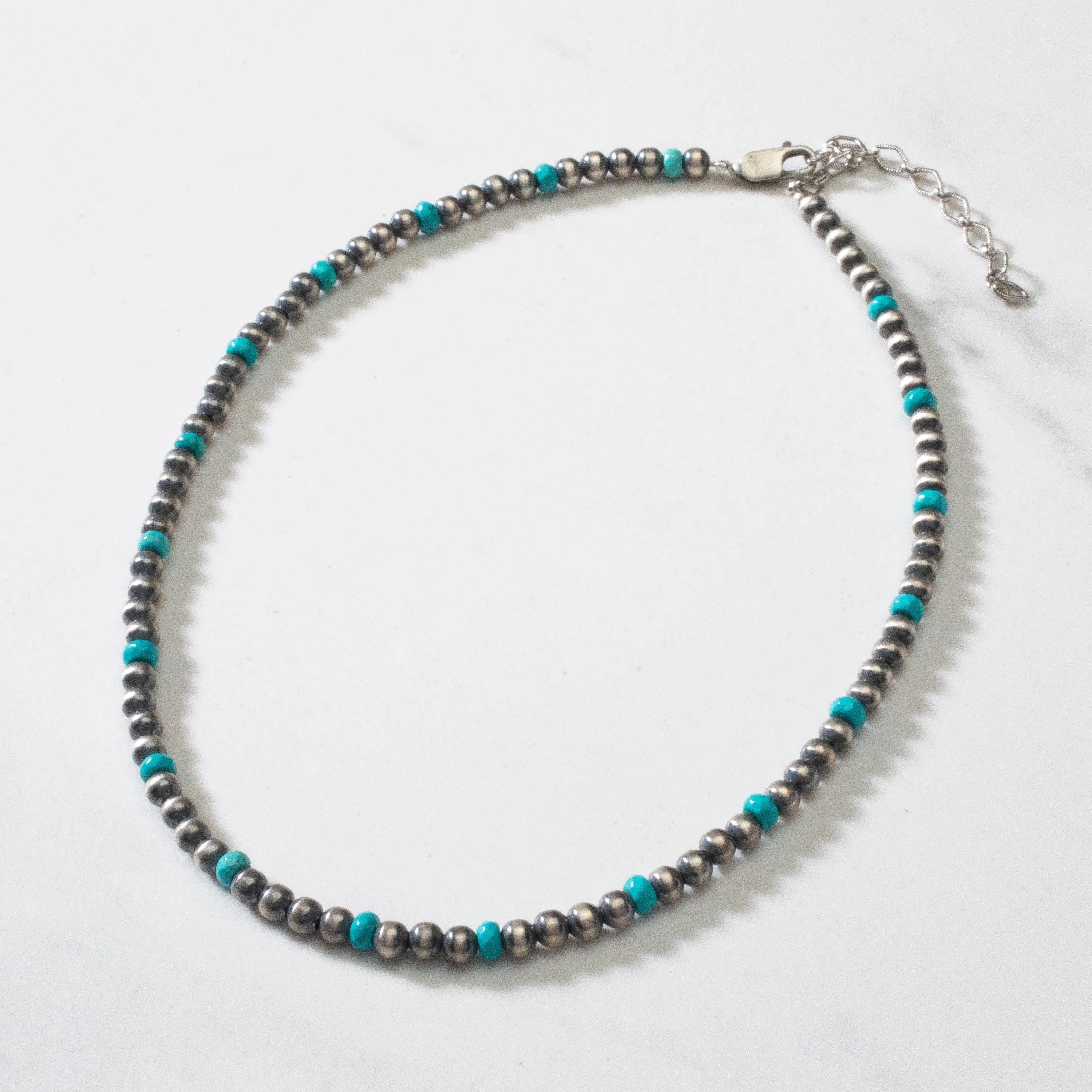 16 Single Strand 4mm Navajo Pearl & Turquoise USA Native American Made 925 Sterling Silver Necklace