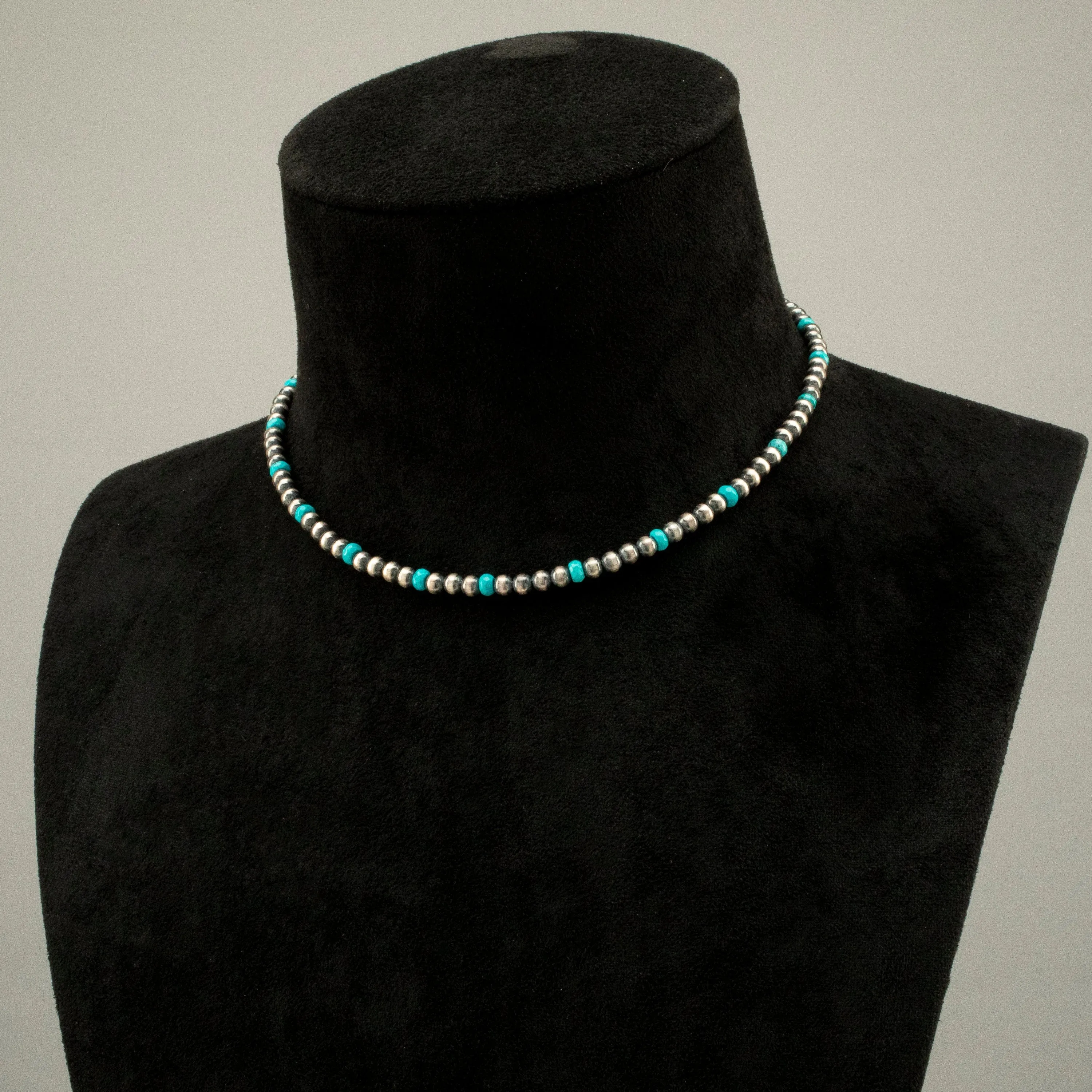 16 Single Strand 4mm Navajo Pearl & Turquoise USA Native American Made 925 Sterling Silver Necklace