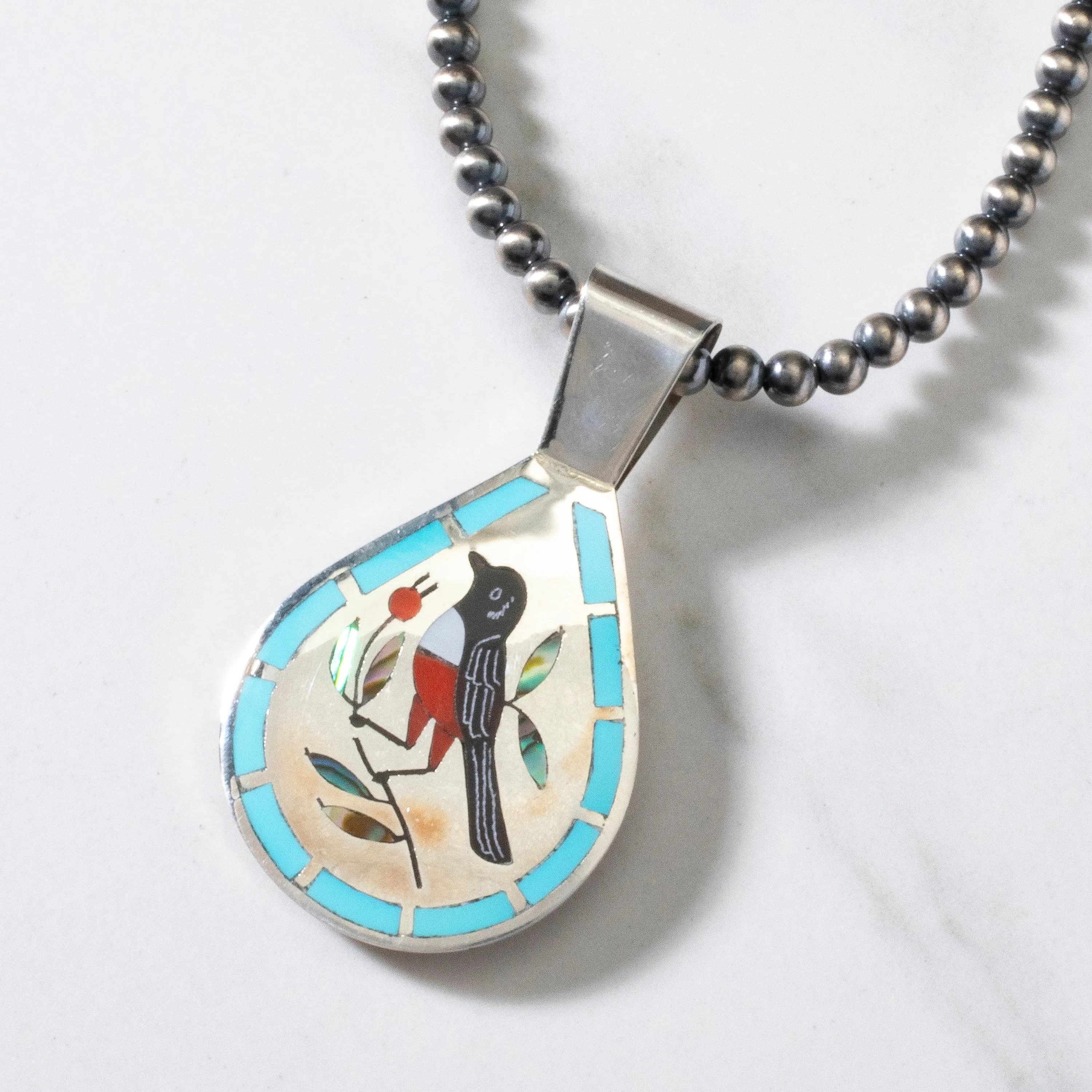 18 Dennis & Nancy Edaakie Mutli Gem Bird Zuni Inlay Pendant with 4mm Navajo Pearl Necklace USA Native American Made 925 Sterling Silver