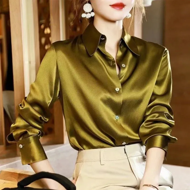 2024 Summer Trend Fashion Women's Casual Elegant Satin Long Sleeved Shirt Office Women's Shirts And Blouses Slim Femal Clothes