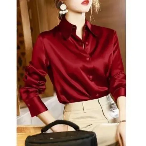 2024 Summer Trend Fashion Women's Casual Elegant Satin Long Sleeved Shirt Office Women's Shirts And Blouses Slim Femal Clothes