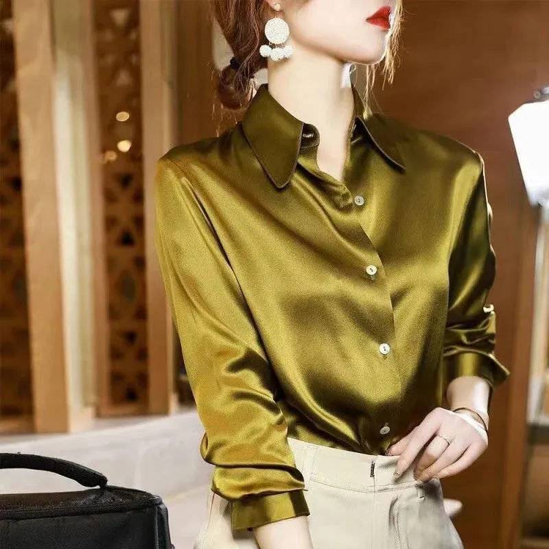 2024 Summer Trend Fashion Women's Casual Elegant Satin Long Sleeved Shirt Office Women's Shirts And Blouses Slim Femal Clothes