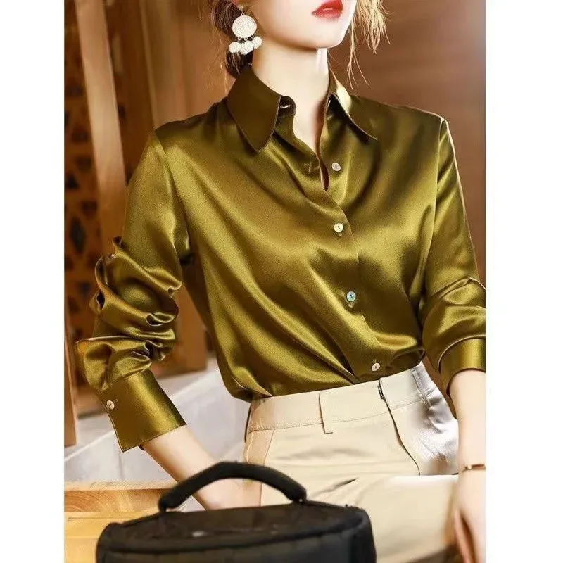 2024 Summer Trend Fashion Women's Casual Elegant Satin Long Sleeved Shirt Office Women's Shirts And Blouses Slim Femal Clothes