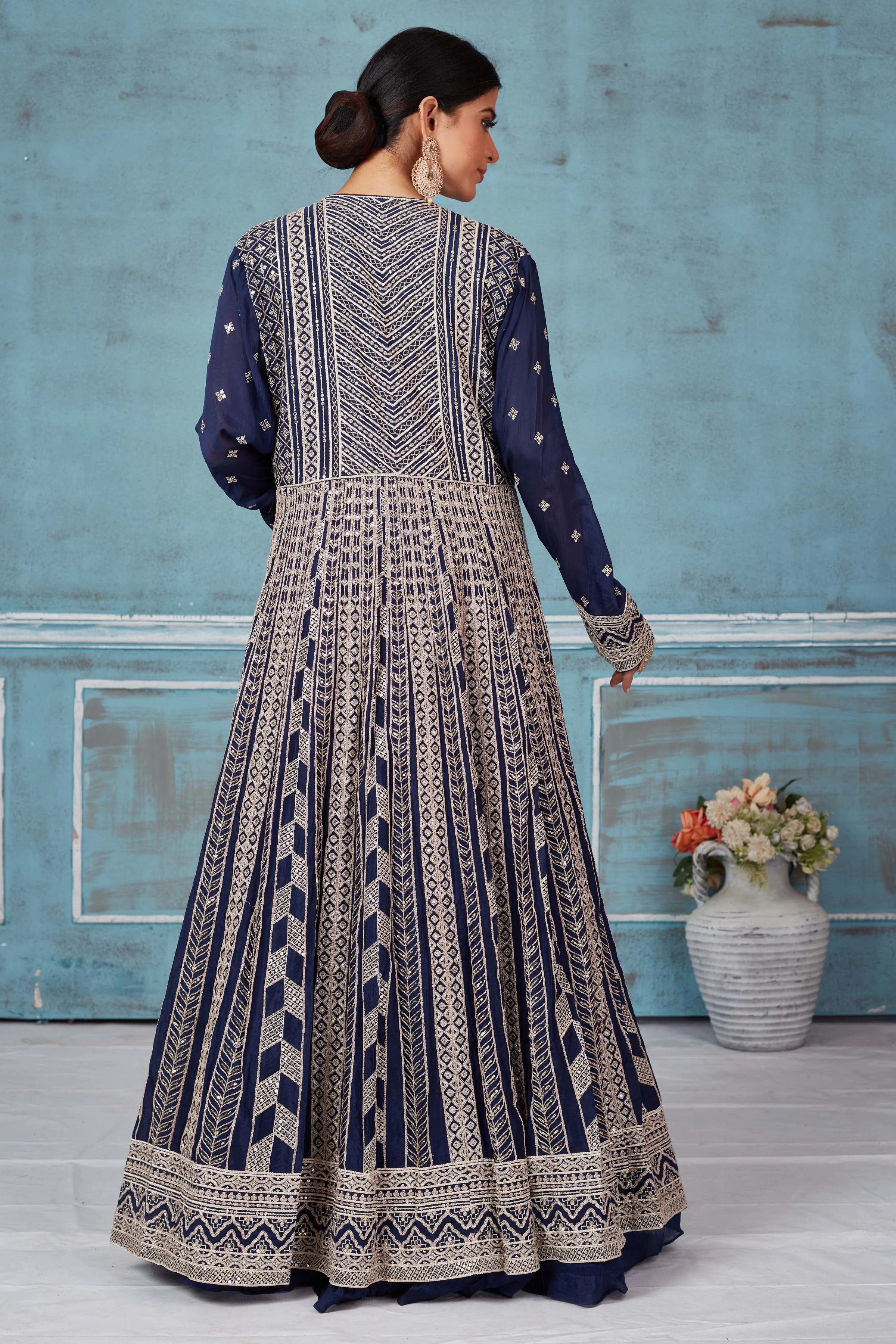 32A031  Navy Blue Embroidered Georgette Lehenga With Jacket