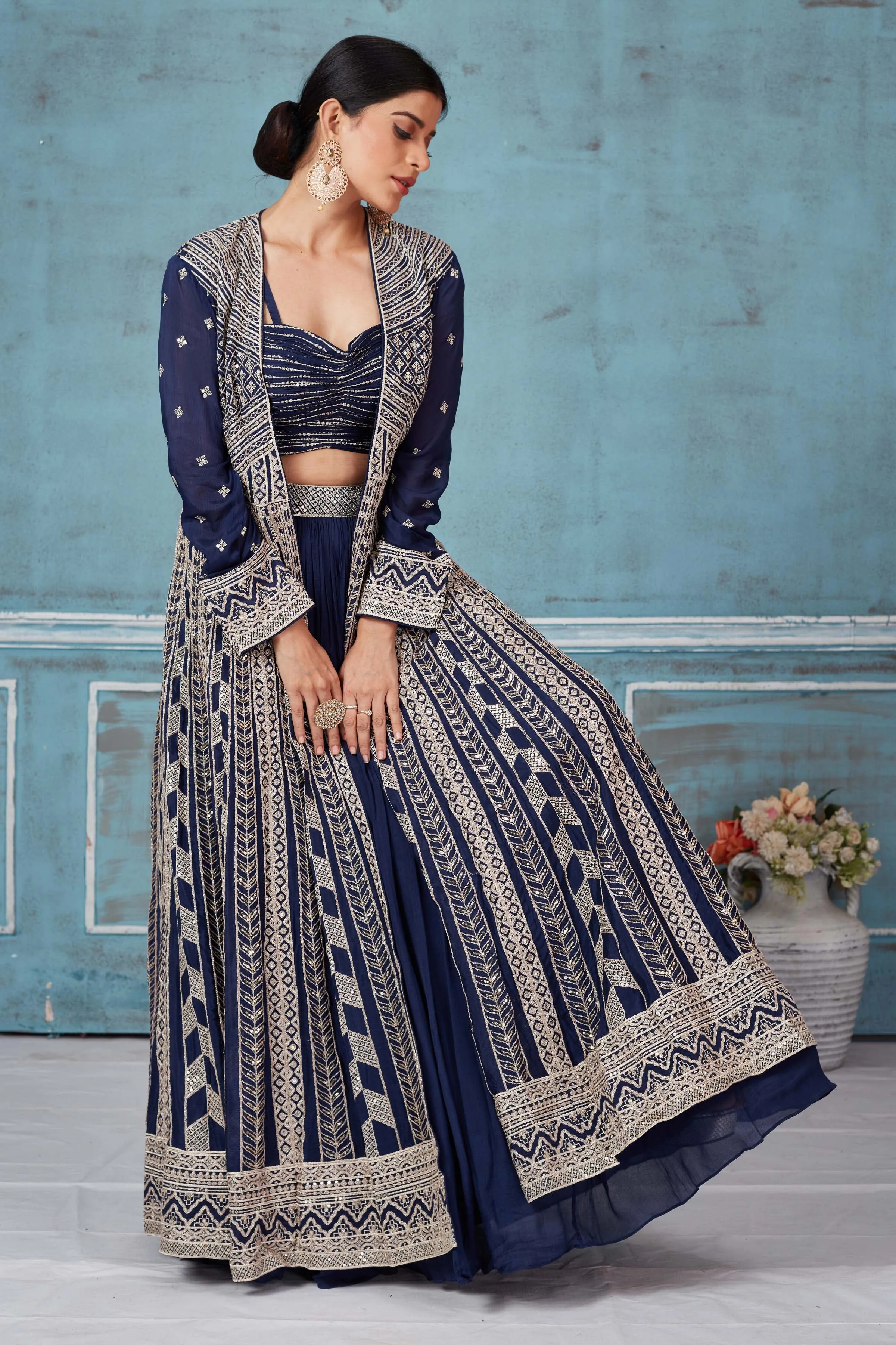 32A031  Navy Blue Embroidered Georgette Lehenga With Jacket