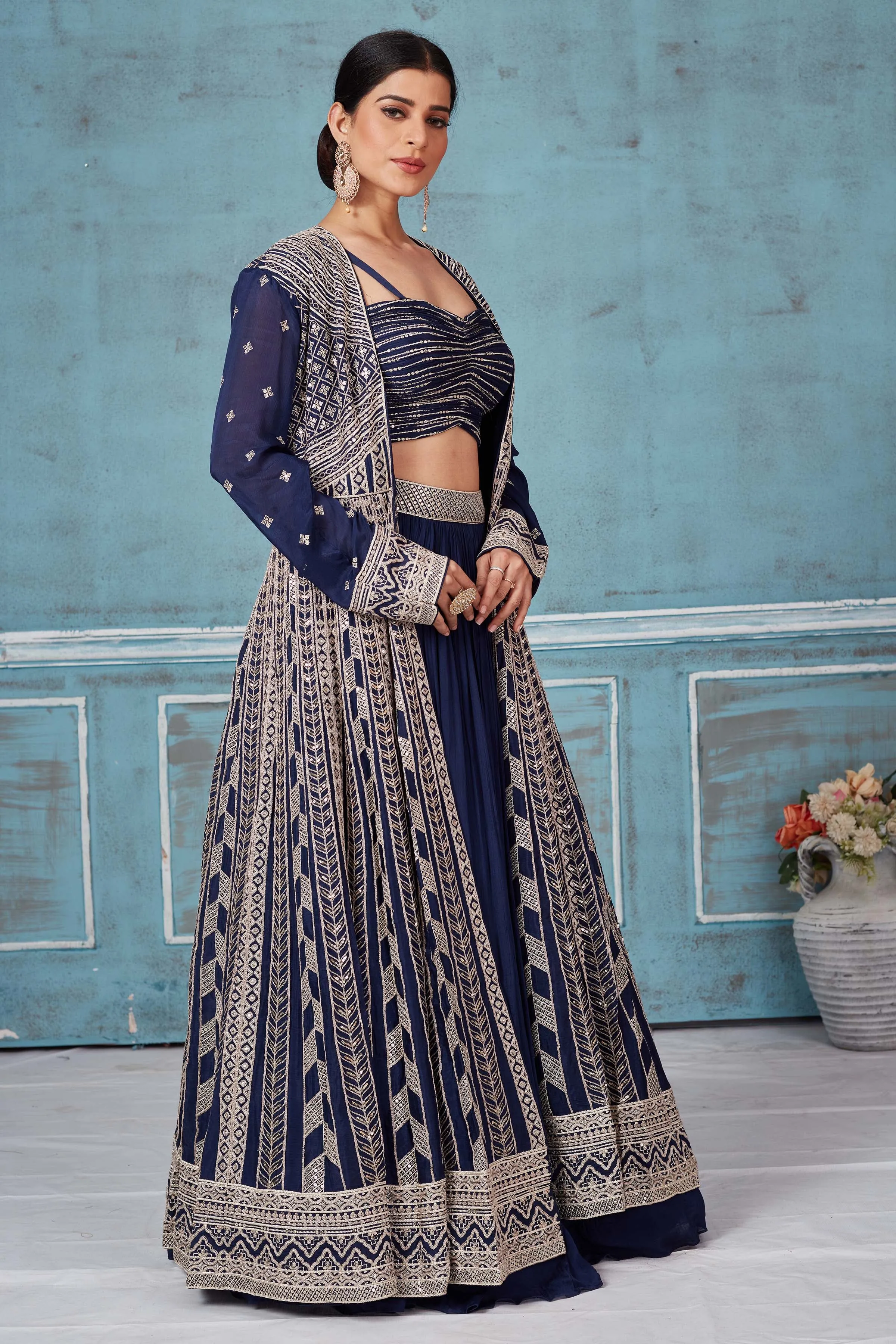 32A031  Navy Blue Embroidered Georgette Lehenga With Jacket