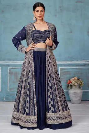 32A031  Navy Blue Embroidered Georgette Lehenga With Jacket