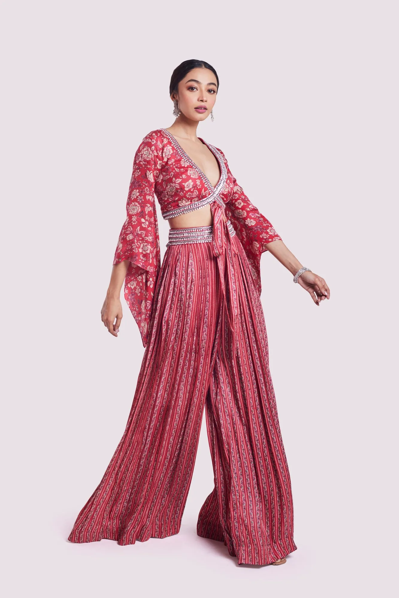 50Z999-RO Red Printed Satin Palazzo Set