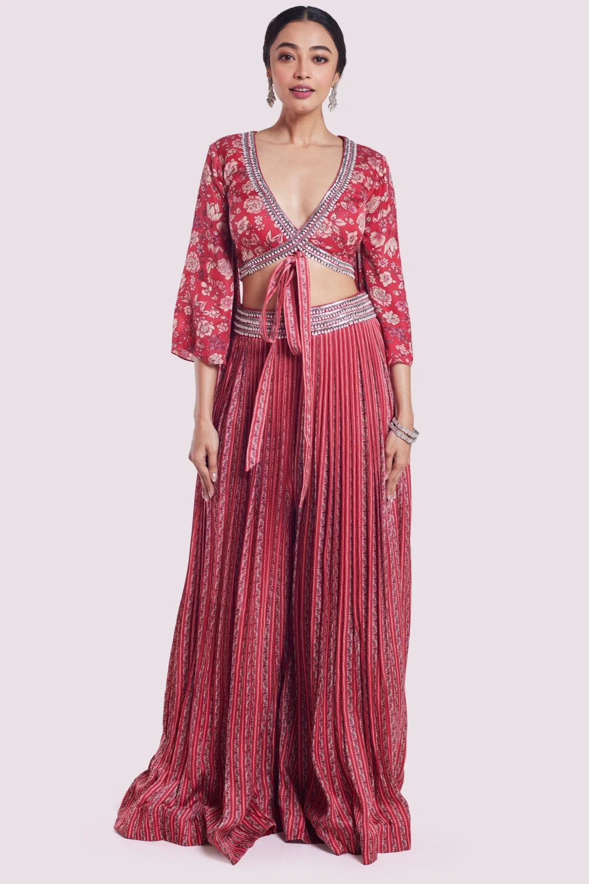 50Z999-RO Red Printed Satin Palazzo Set