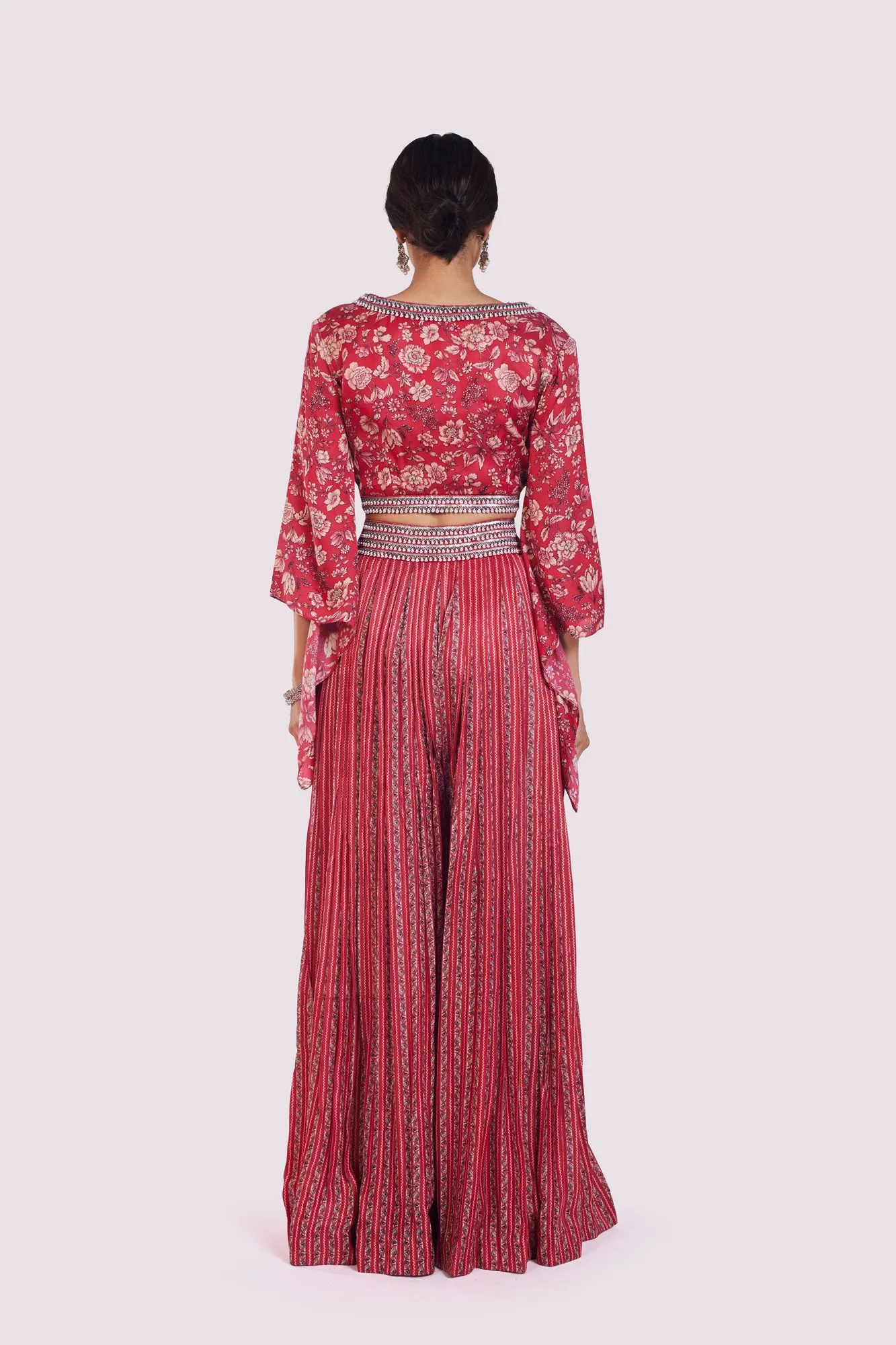 50Z999-RO Red Printed Satin Palazzo Set