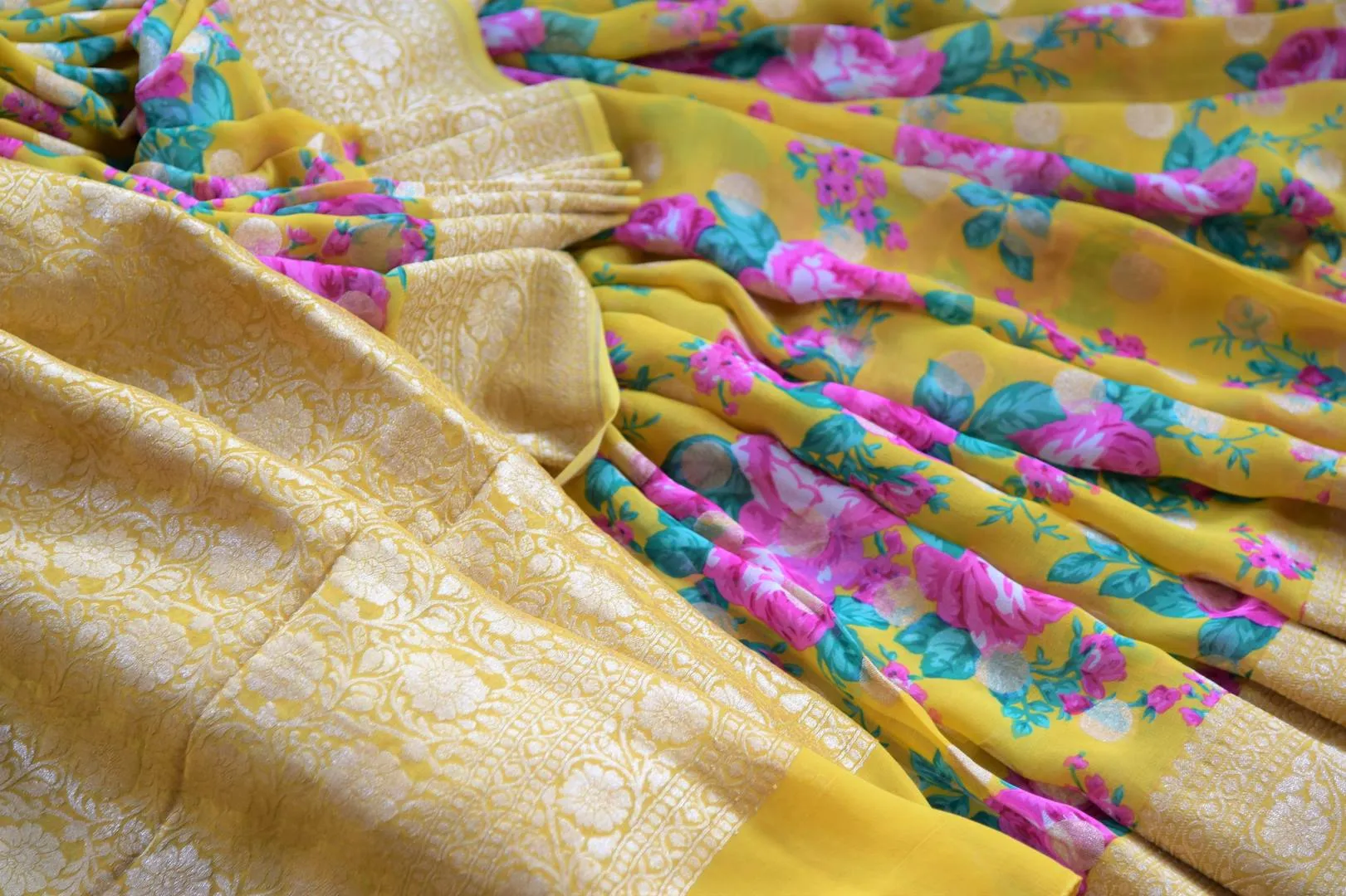 90I503-RO Yellow Floral Georgette Banarasi Saree with Zari Border