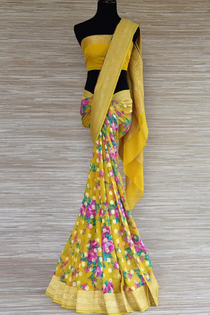 90I503-RO Yellow Floral Georgette Banarasi Saree with Zari Border