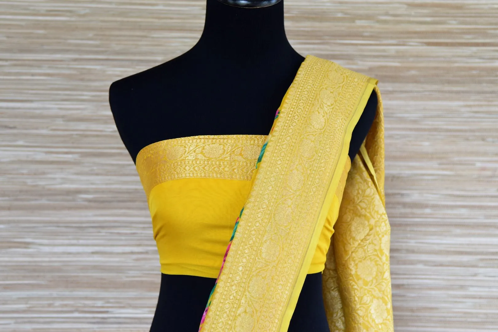 90I503-RO Yellow Floral Georgette Banarasi Saree with Zari Border