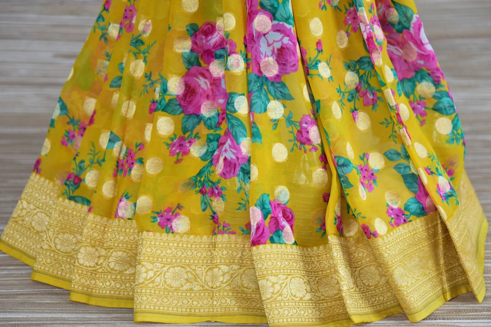 90I503-RO Yellow Floral Georgette Banarasi Saree with Zari Border