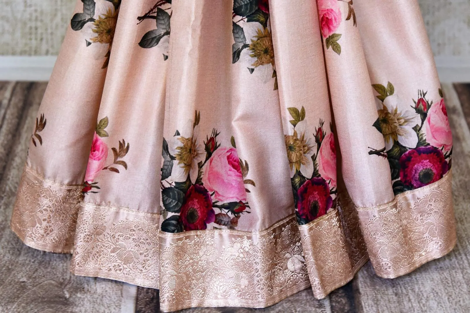 90I618-RO Powder Pink Floral Tussar Silk Sari with Zari Border