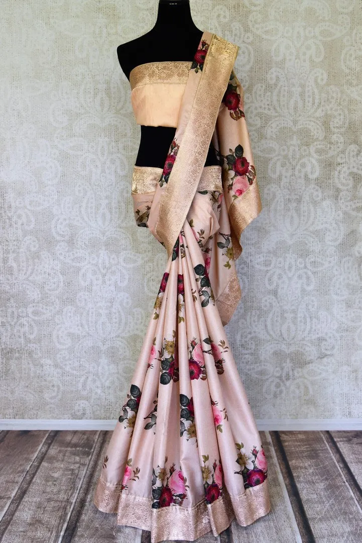 90I618-RO Powder Pink Floral Tussar Silk Sari with Zari Border