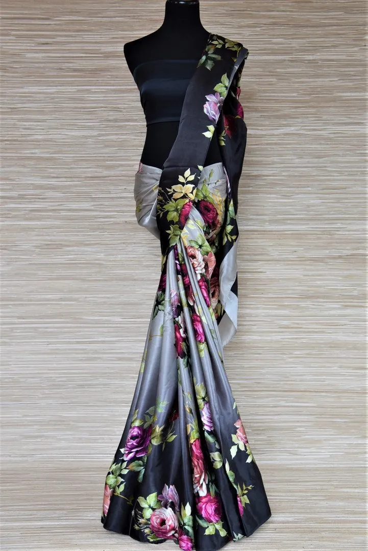 90J329-RO Ombre Grey Floral Satin Crepe Saree