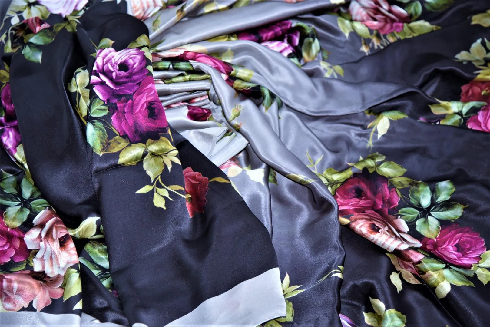 90J329-RO Ombre Grey Floral Satin Crepe Saree