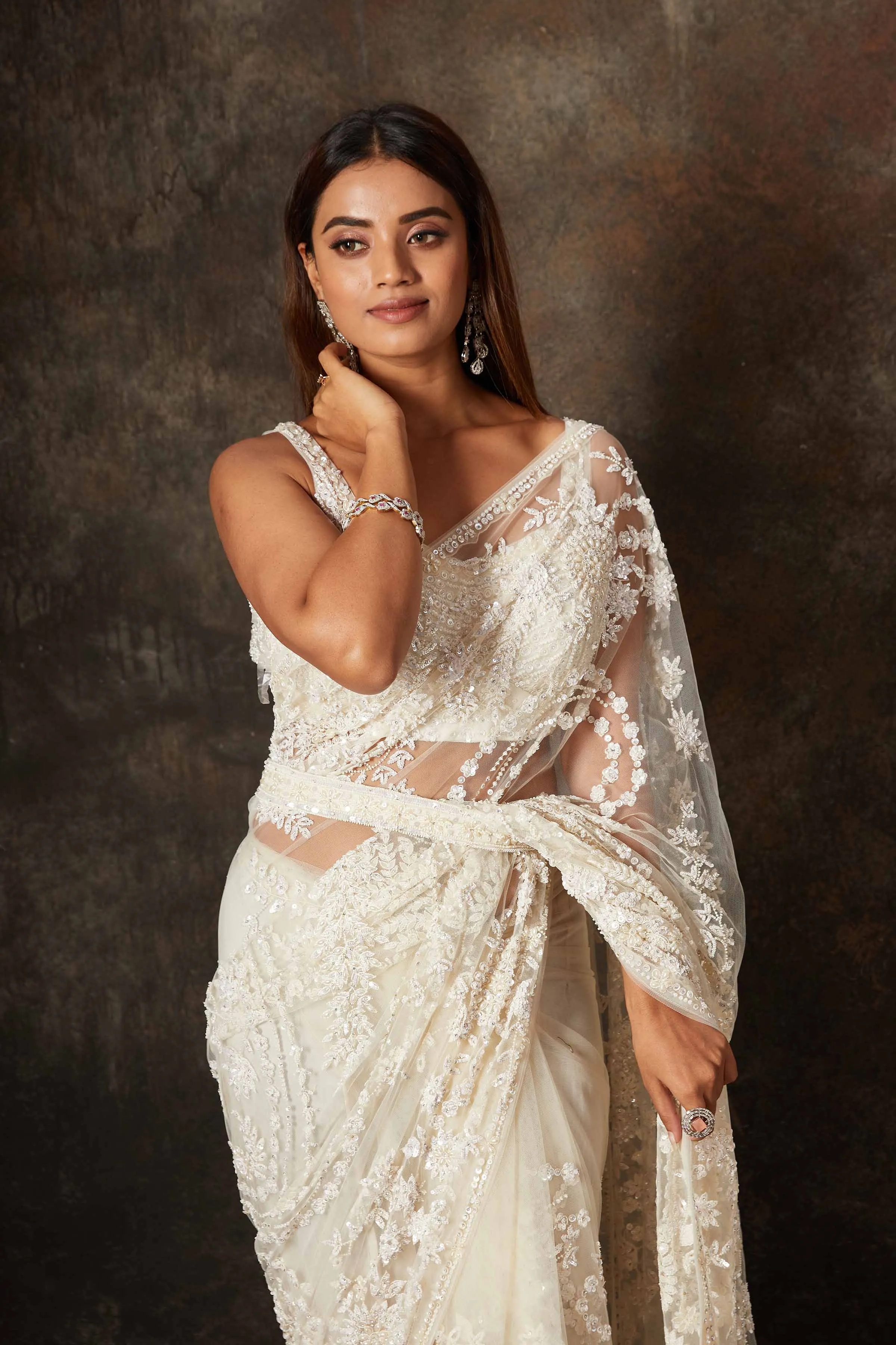 90N660-RO Cream Net Hand Embroidery Saree with Blouse