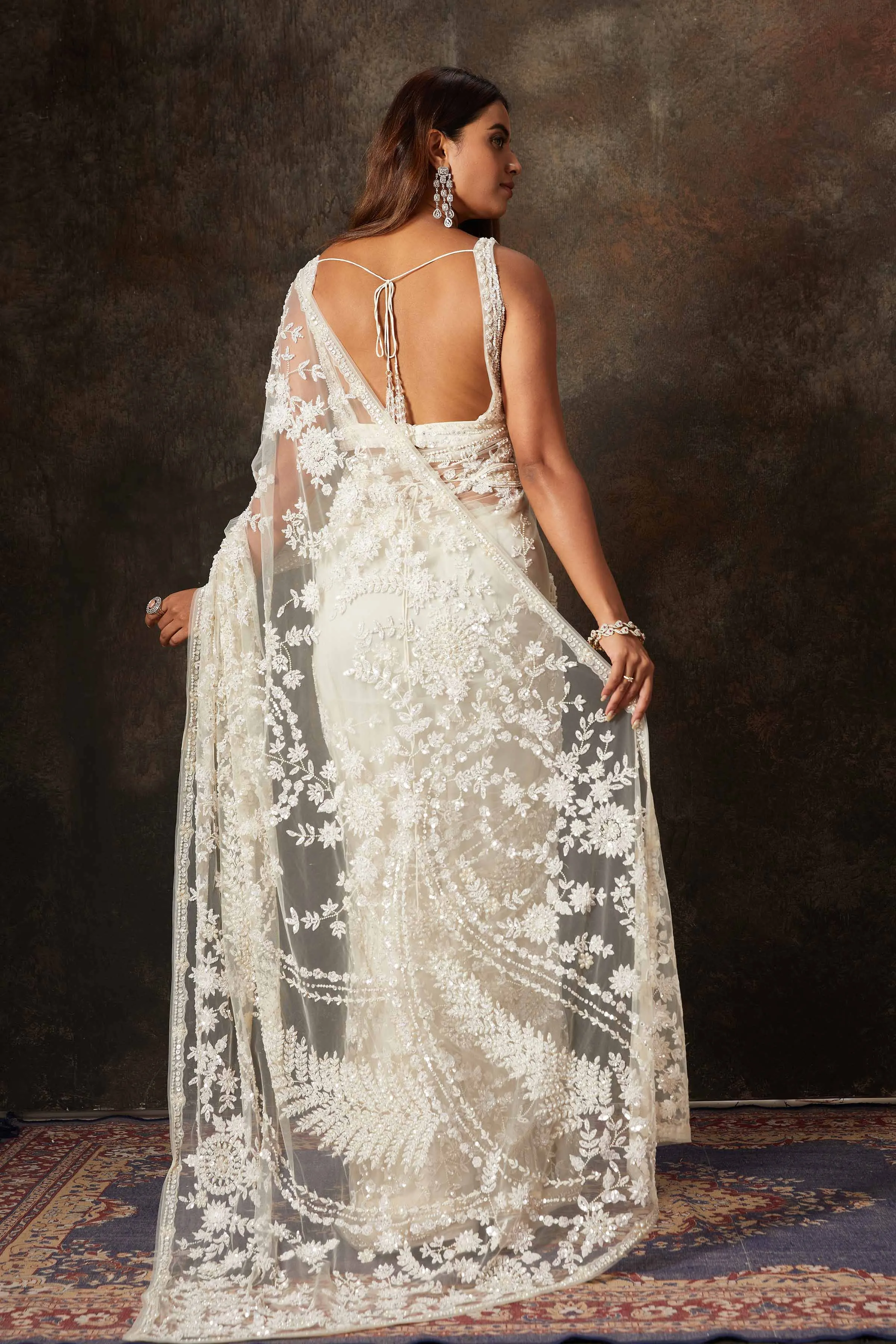 90N660-RO Cream Net Hand Embroidery Saree with Blouse