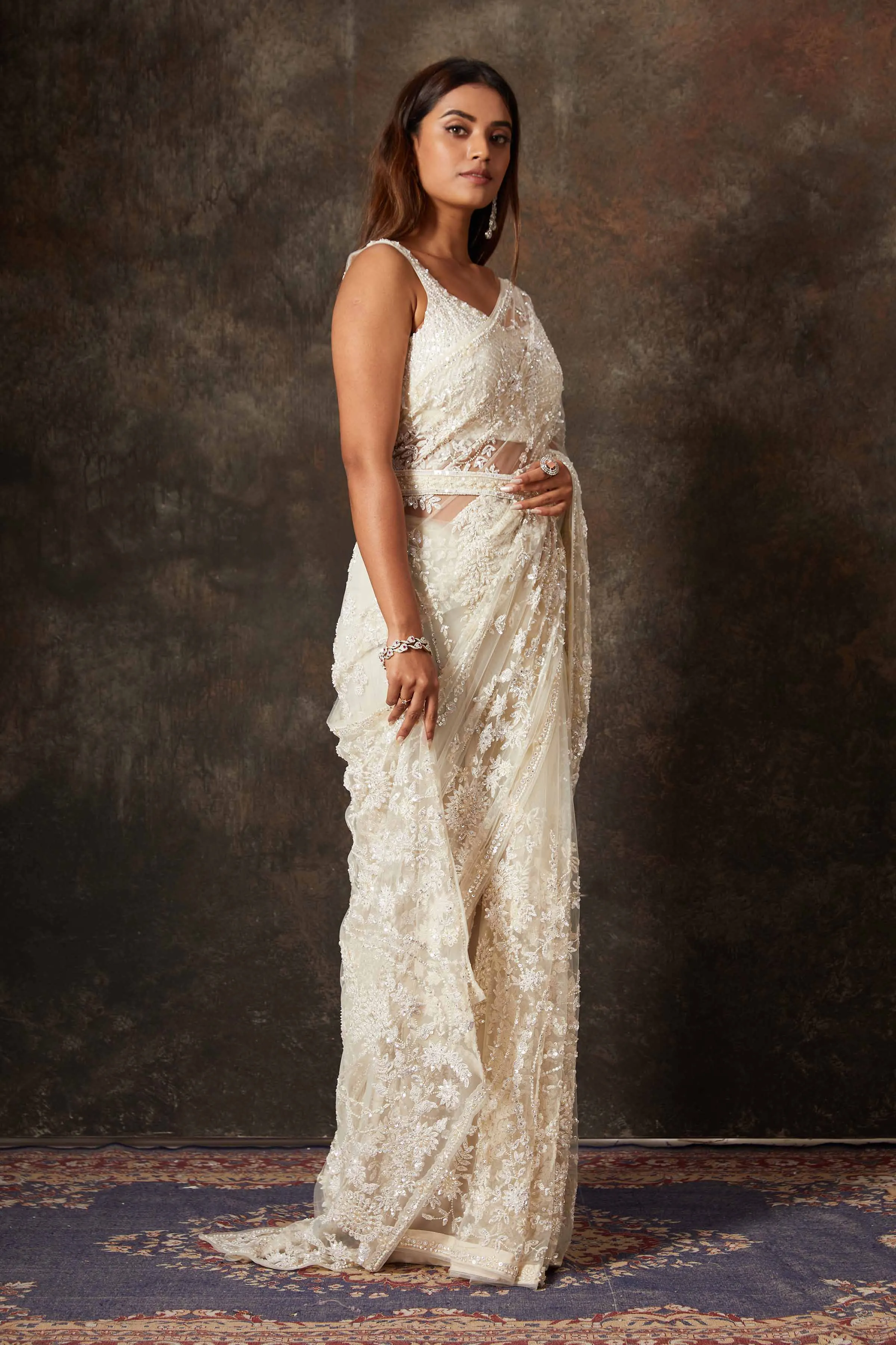 90N660-RO Cream Net Hand Embroidery Saree with Blouse