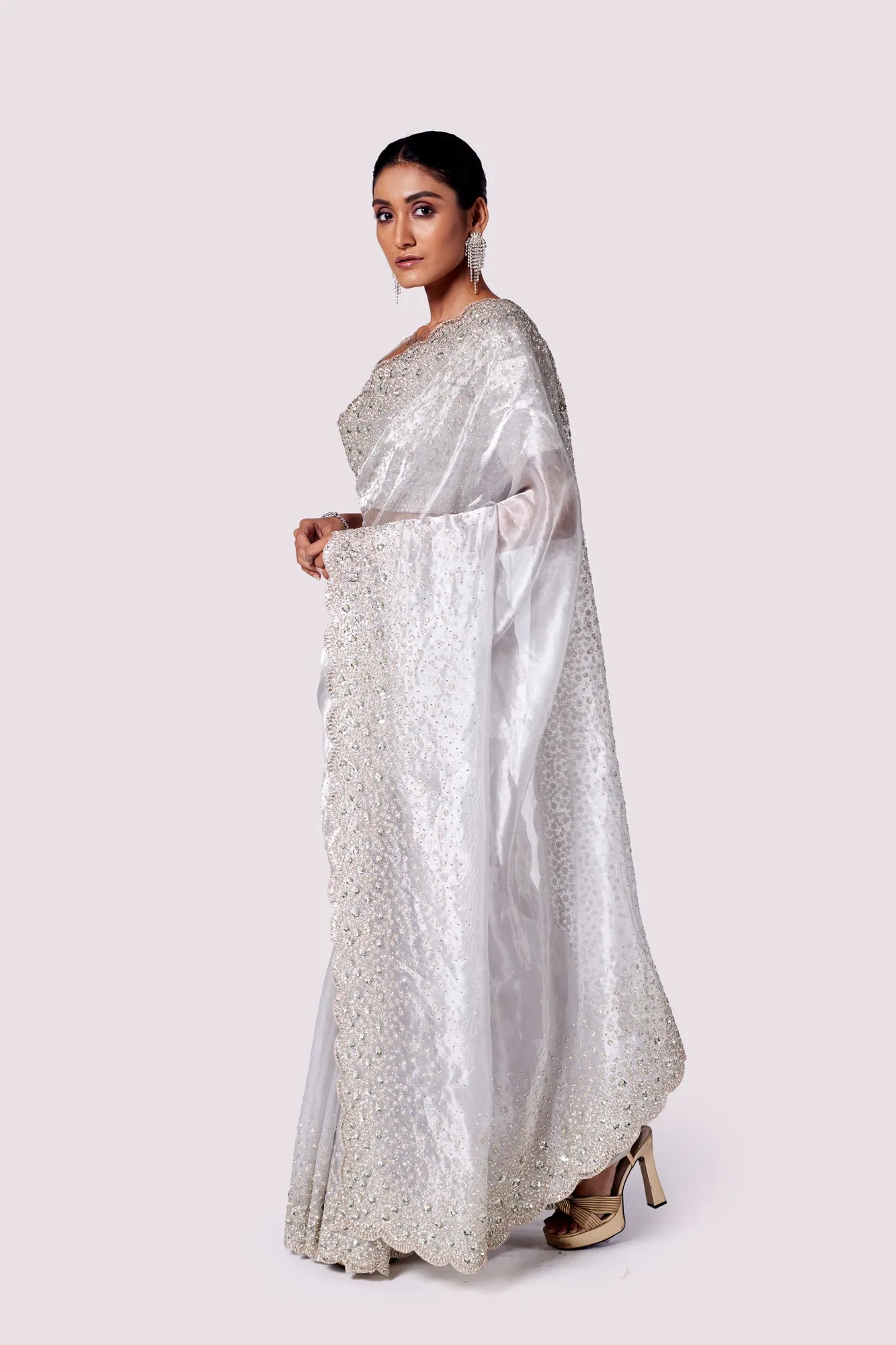 90Y033-RO Steel Grey Embroidered Tissue Saree with Blouse