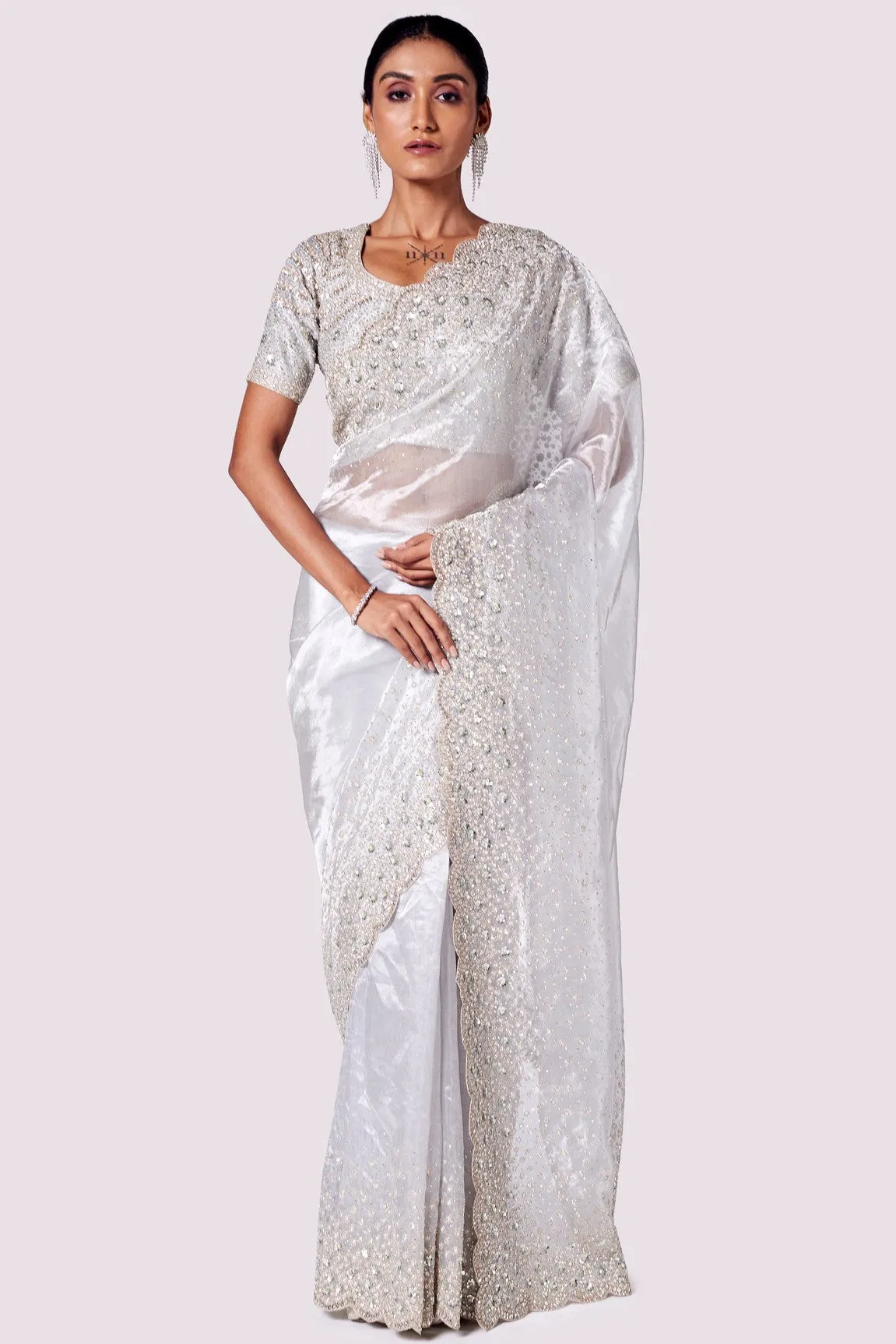 90Y033-RO Steel Grey Embroidered Tissue Saree with Blouse