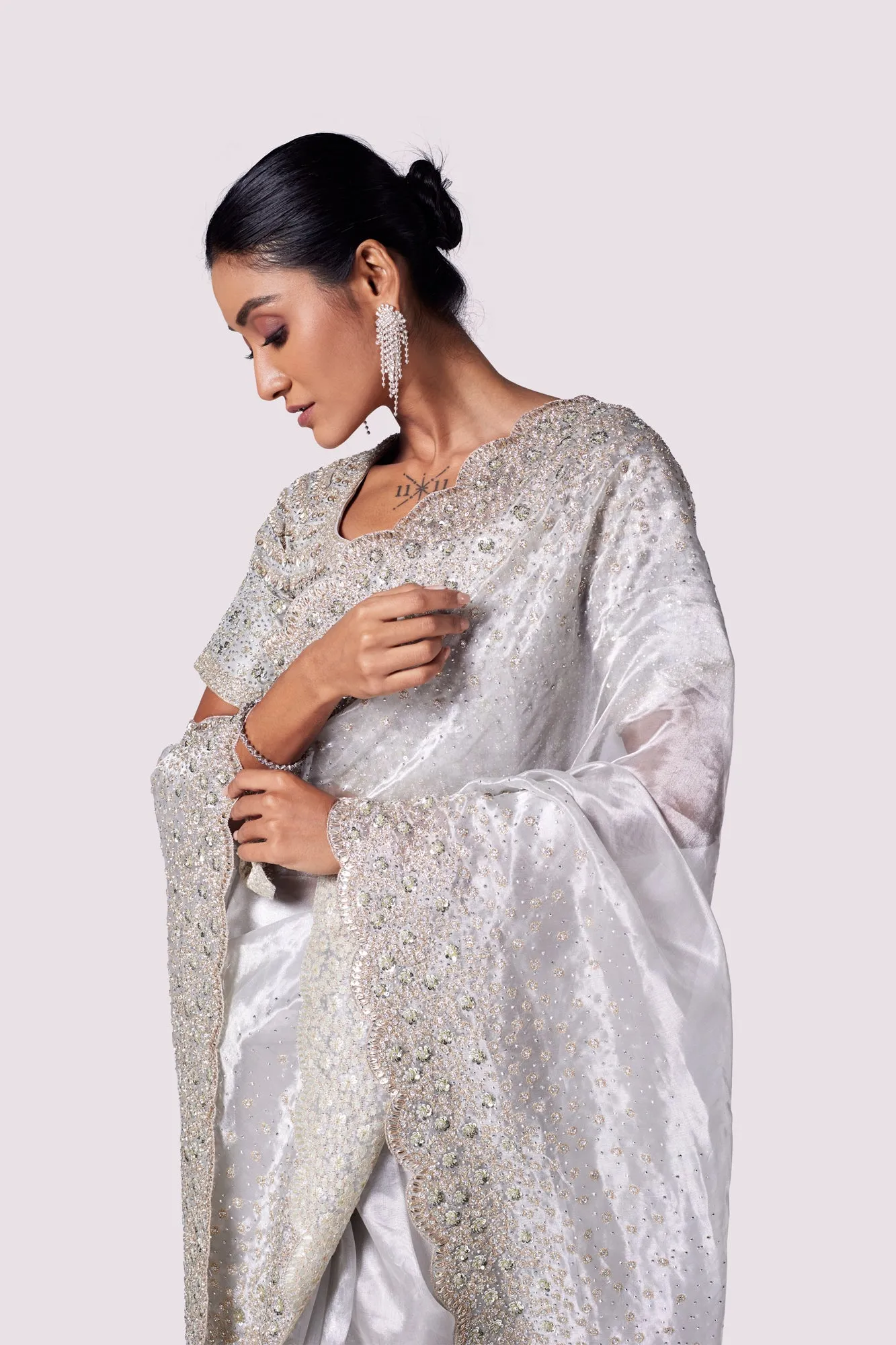 90Y033-RO Steel Grey Embroidered Tissue Saree with Blouse