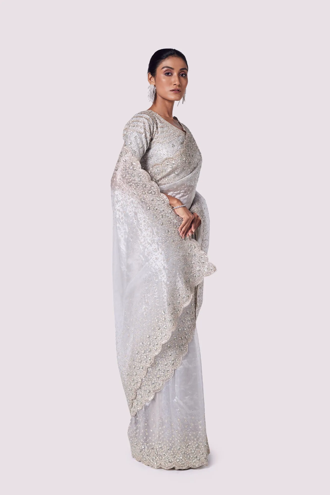 90Y033-RO Steel Grey Embroidered Tissue Saree with Blouse