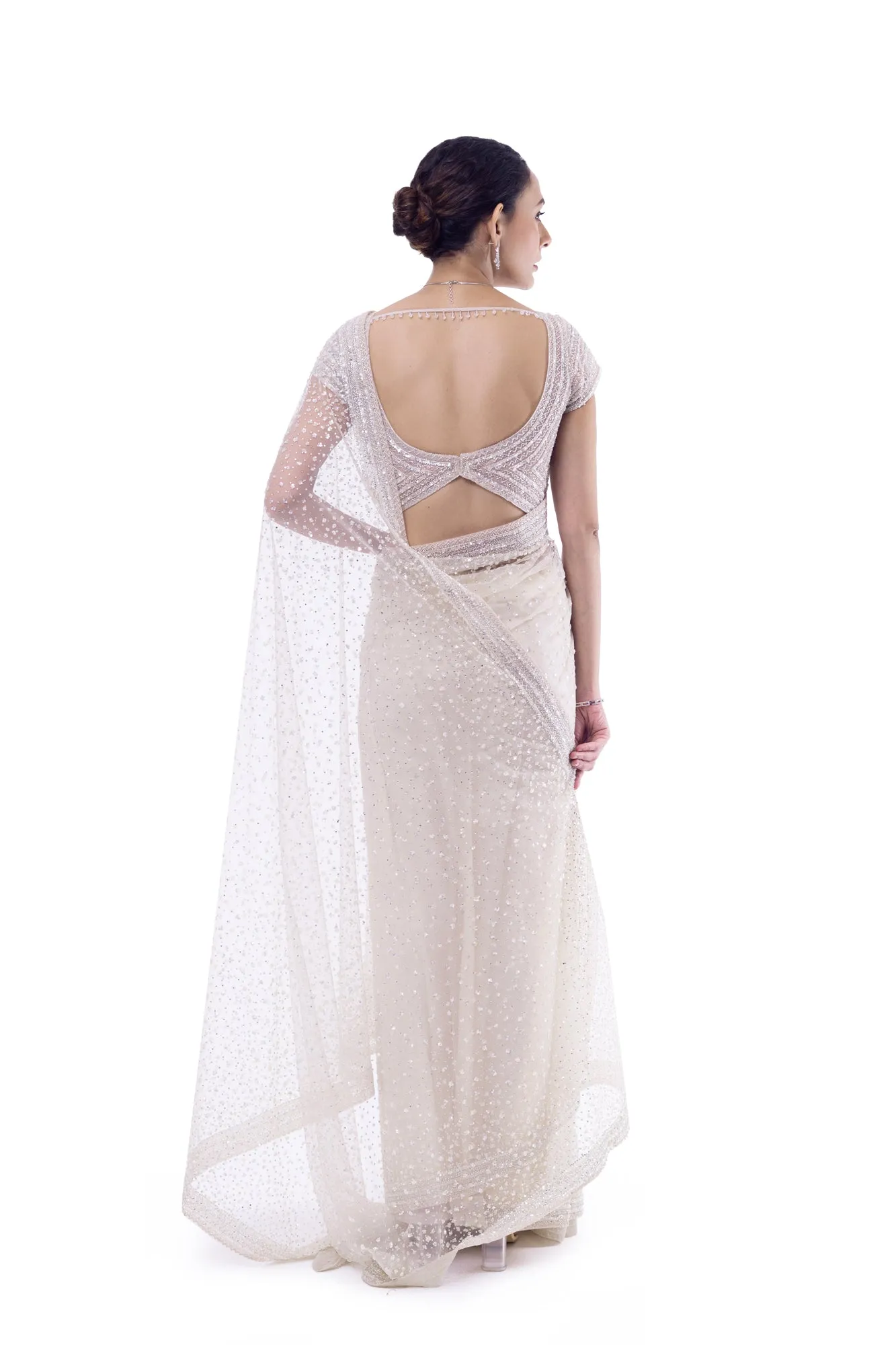 90Y035-RO Off-White Embroidered Net Saree with Blouse