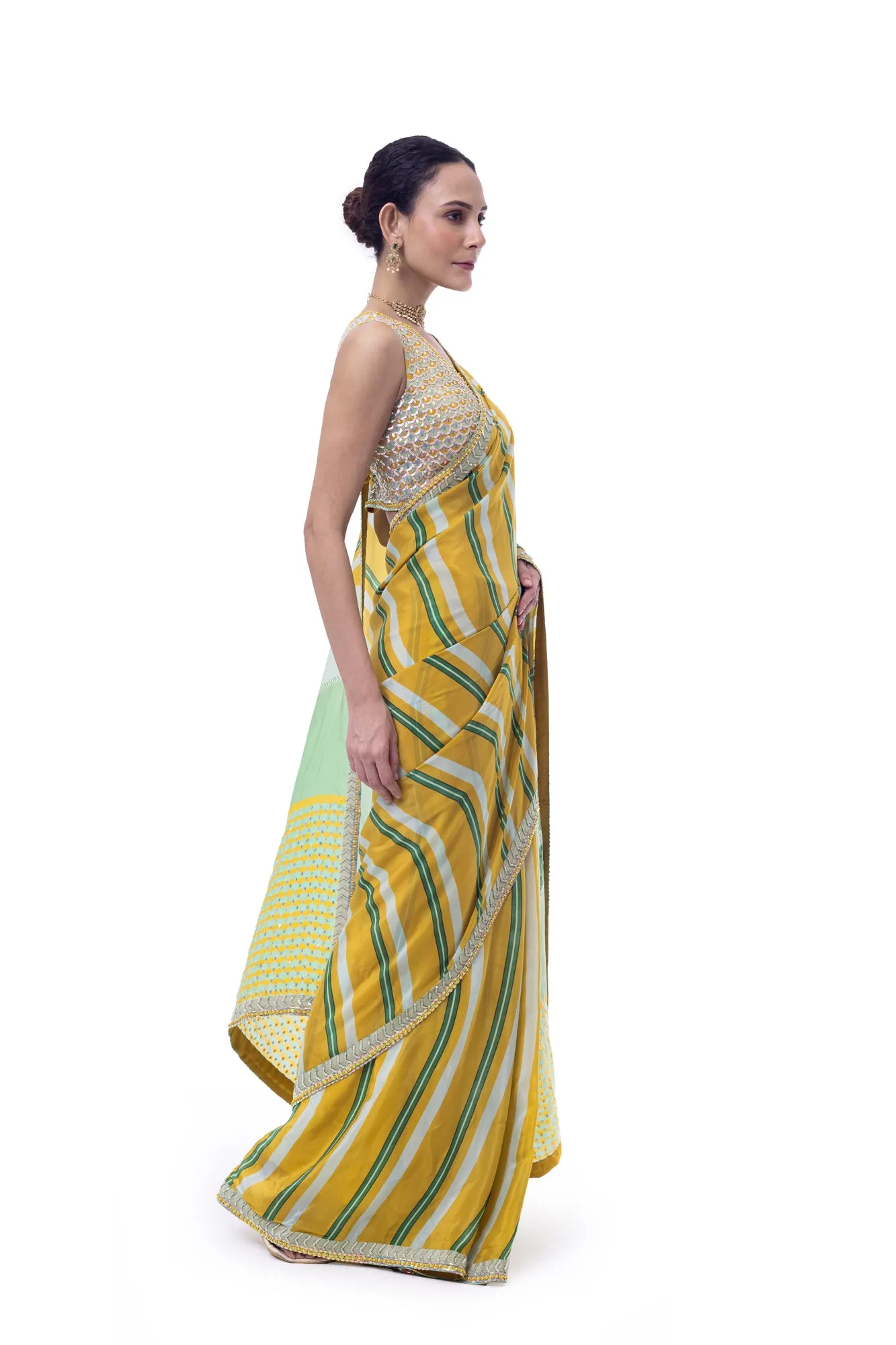 90Y037-RO Yellow and Green Stripes Embroidered Handloom Saree