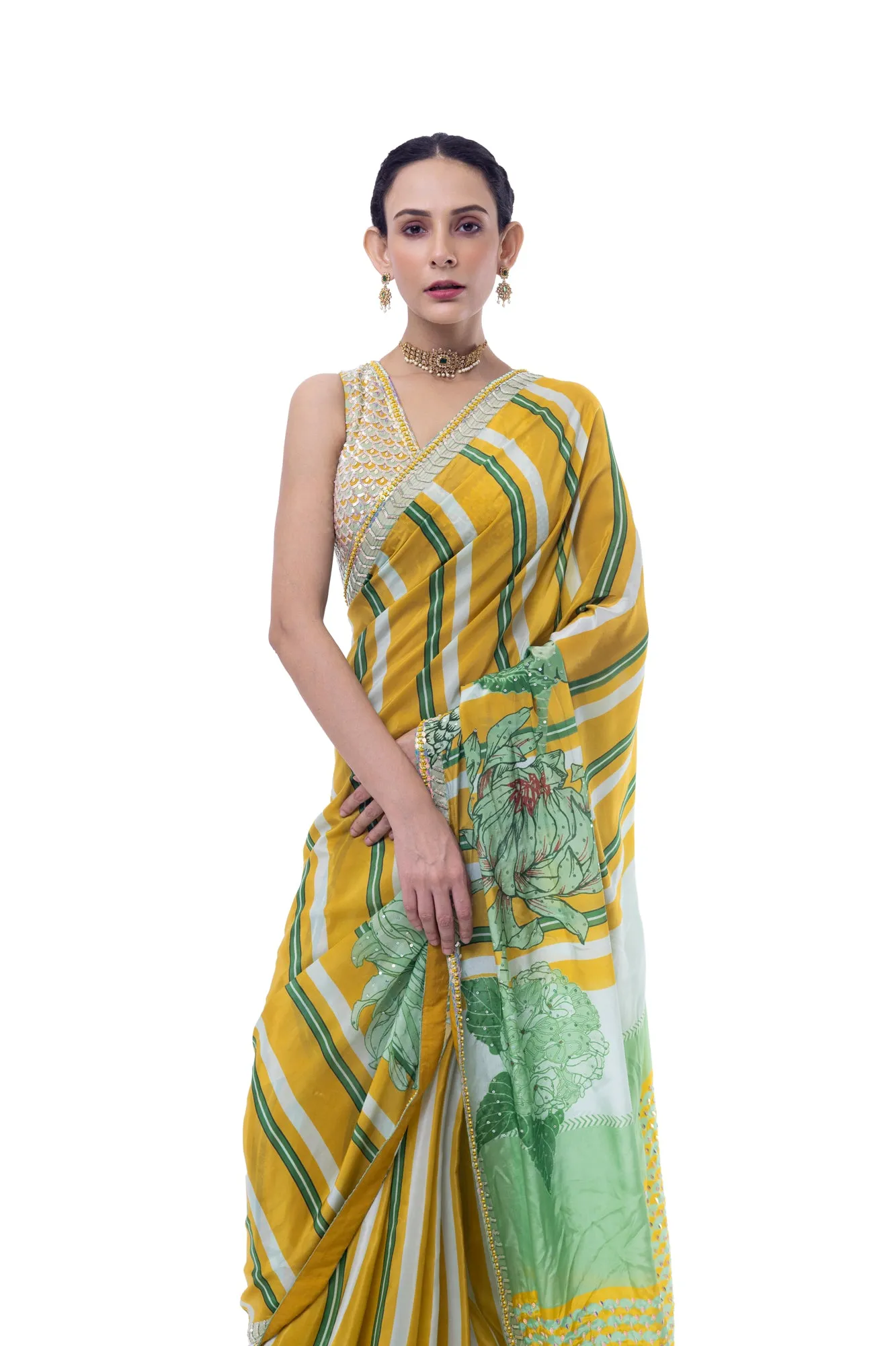 90Y037-RO Yellow and Green Stripes Embroidered Handloom Saree