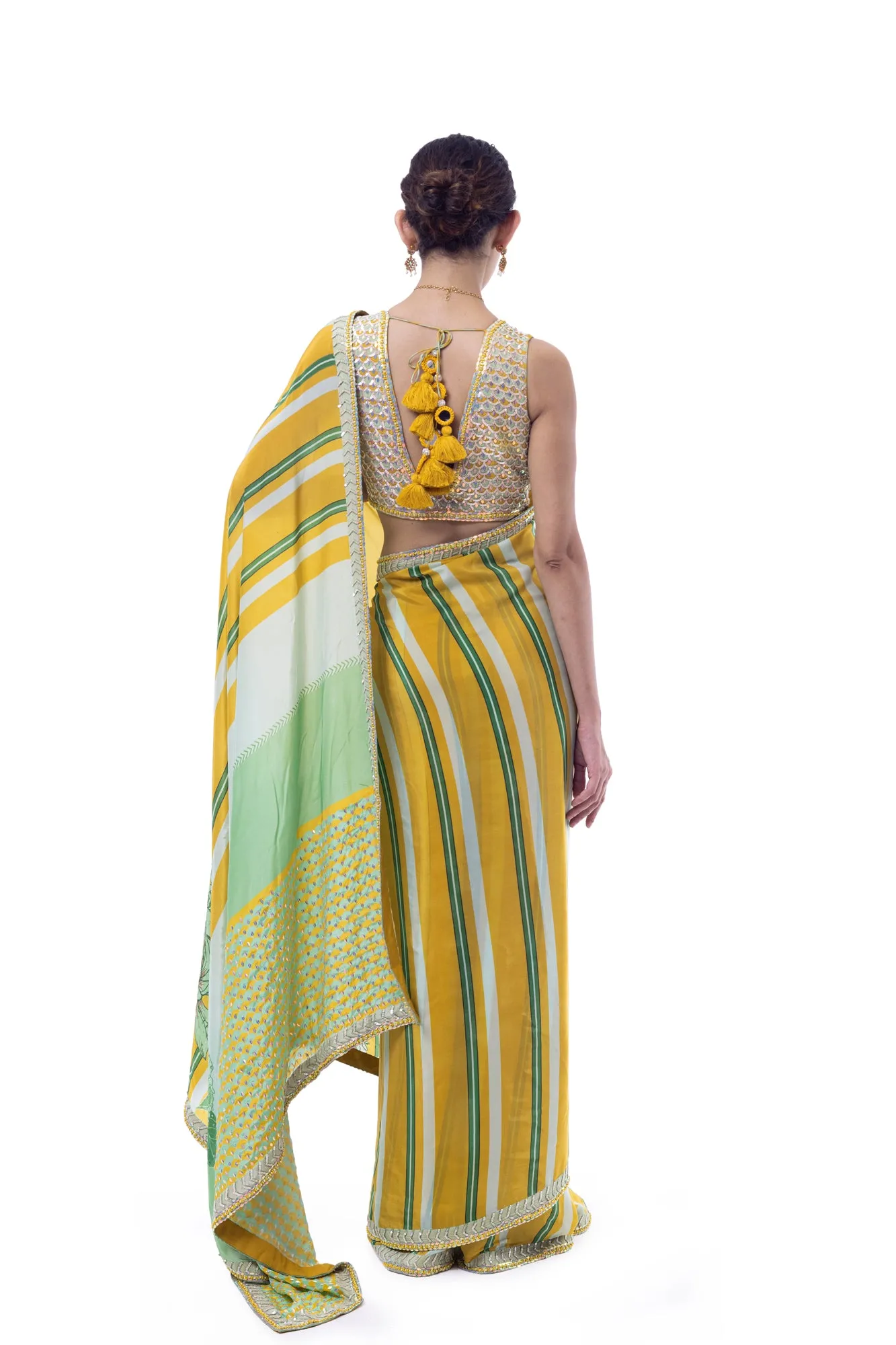 90Y037-RO Yellow and Green Stripes Embroidered Handloom Saree