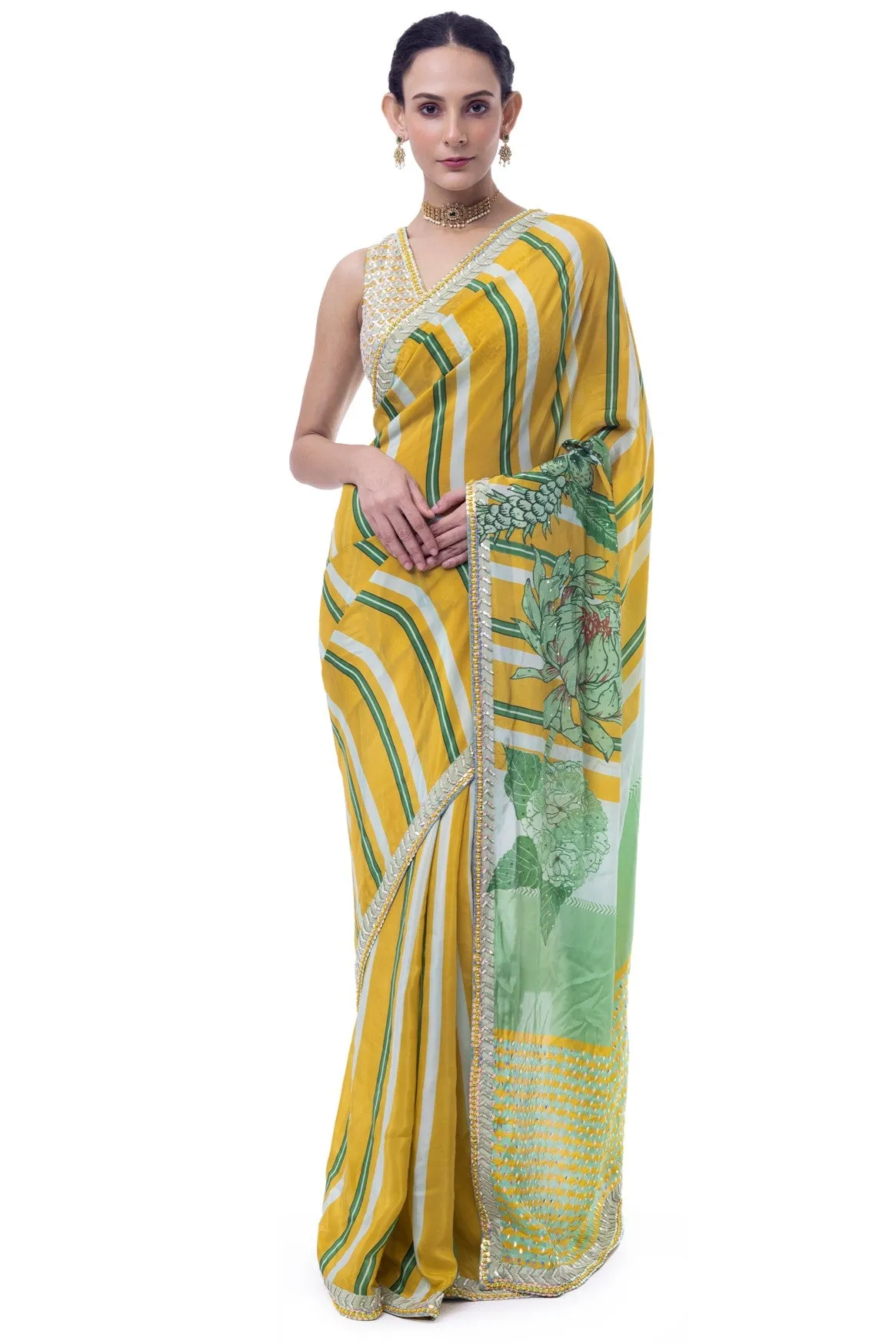 90Y037-RO Yellow and Green Stripes Embroidered Handloom Saree