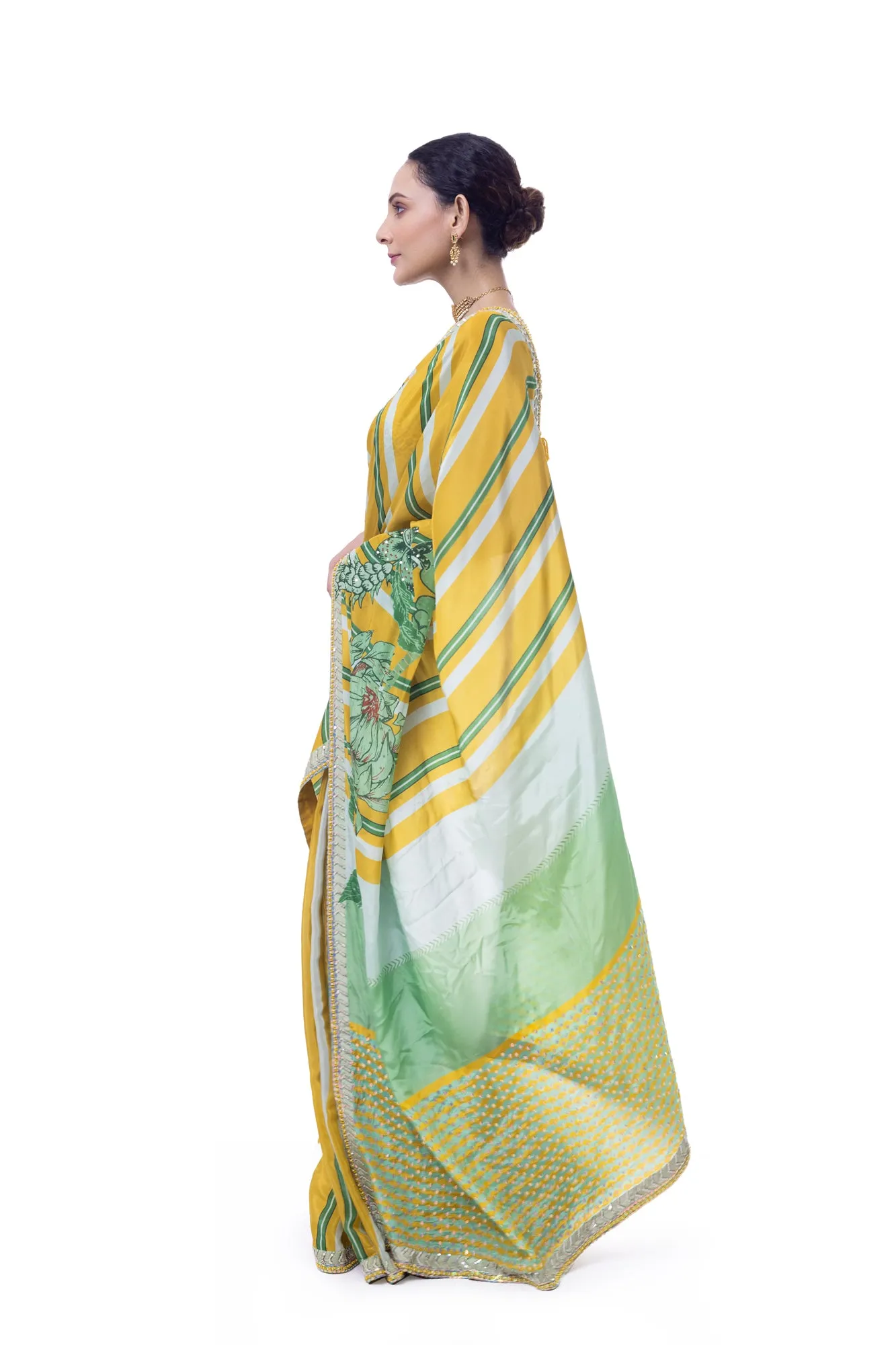 90Y037-RO Yellow and Green Stripes Embroidered Handloom Saree