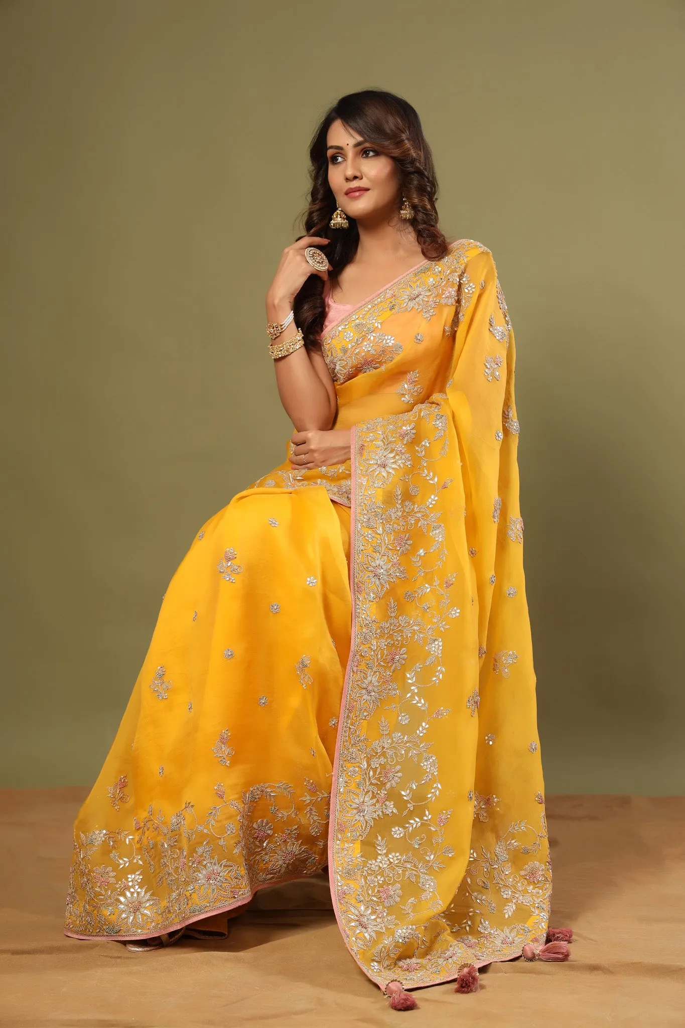 90Z481-RO Mango Yellow Embroidered Organza Saree