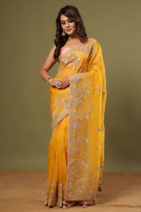 90Z481-RO Mango Yellow Embroidered Organza Saree