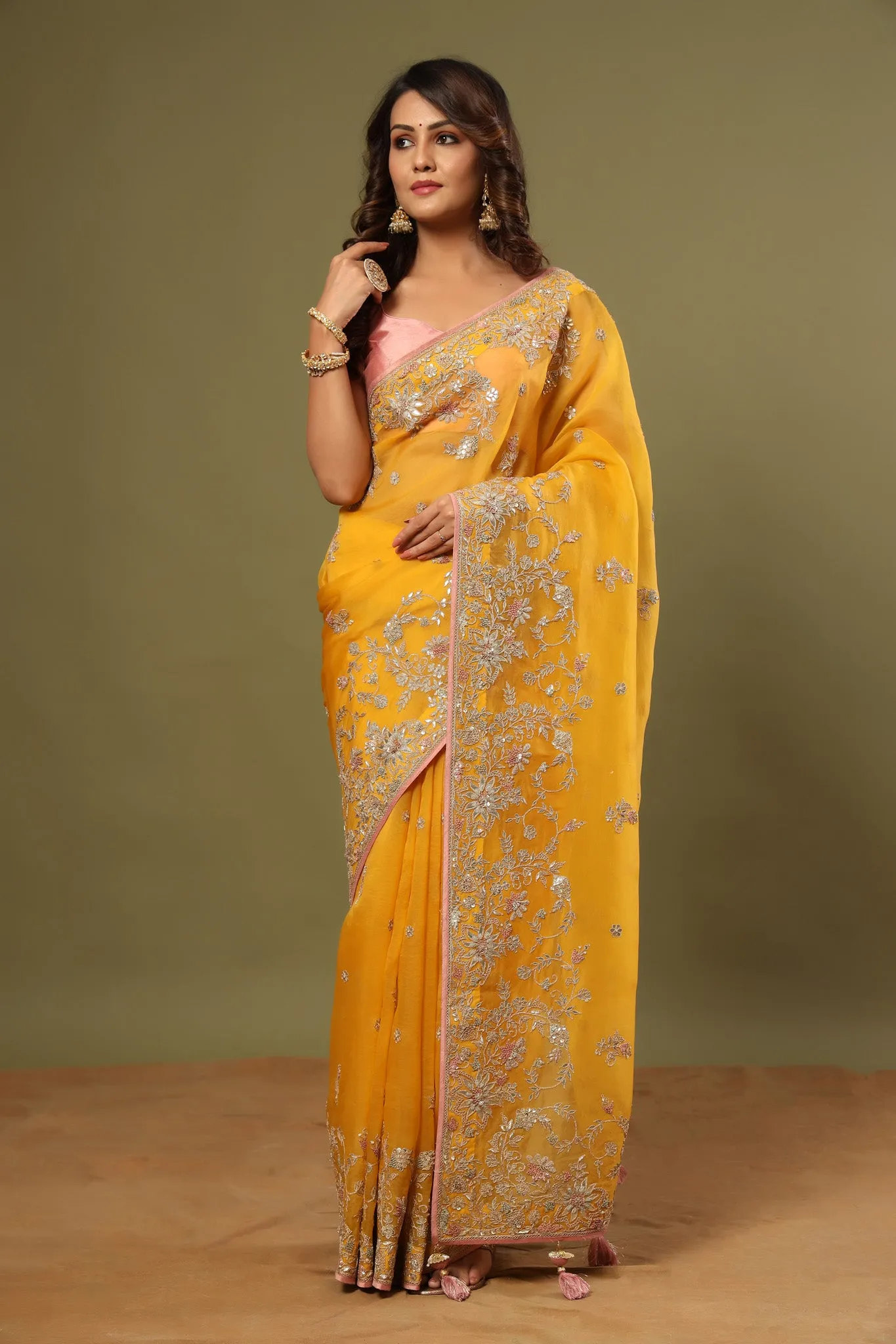 90Z481-RO Mango Yellow Embroidered Organza Saree