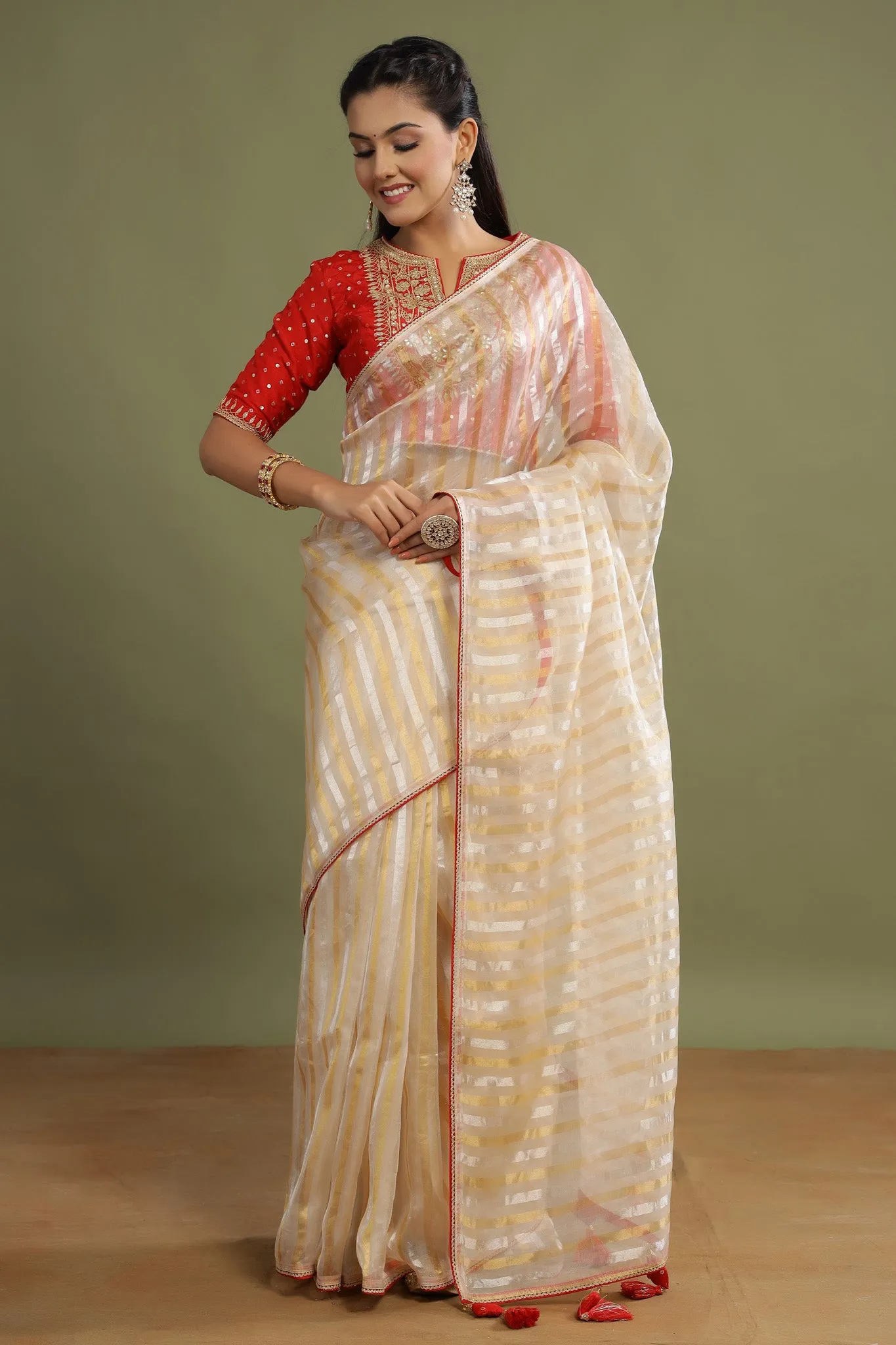 90Z483-NRO Cream Tissue Chanderi Saree with Red Saree Blouse